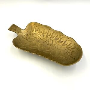 Vintage Etched Brass Leaf Shaped Trinket Dish Made in India